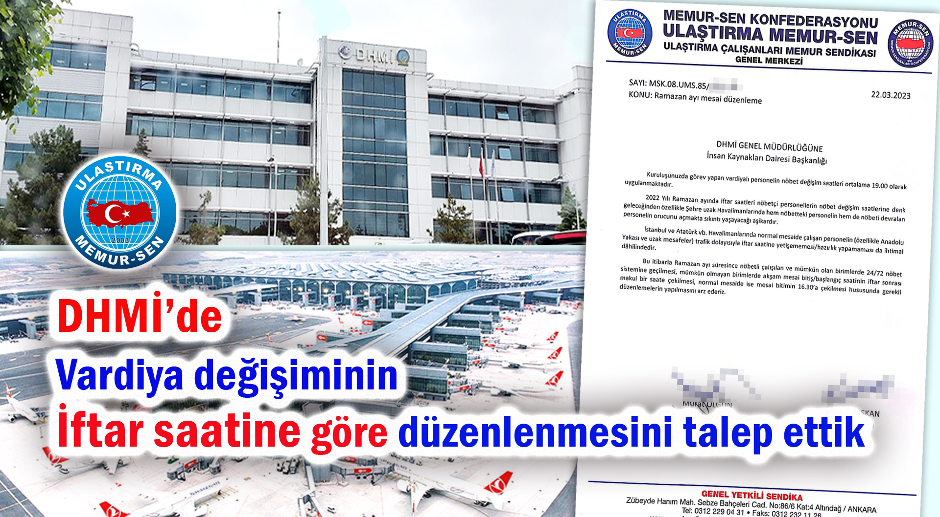 DHMİ’de vardiya değişimlerinin iftar saatine göre ayarlanmasını talep ettik